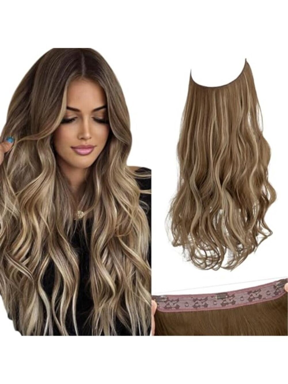 SARLA Invisible Wire Hair Extensions with 3 Clips Long Synthetic Wavy Curly